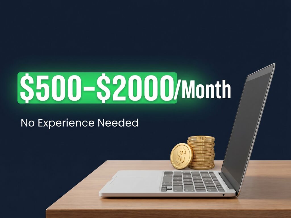Laptop and gold coins showing how beginners earn $500 to $2000 per month freelance writing with no experience needed
