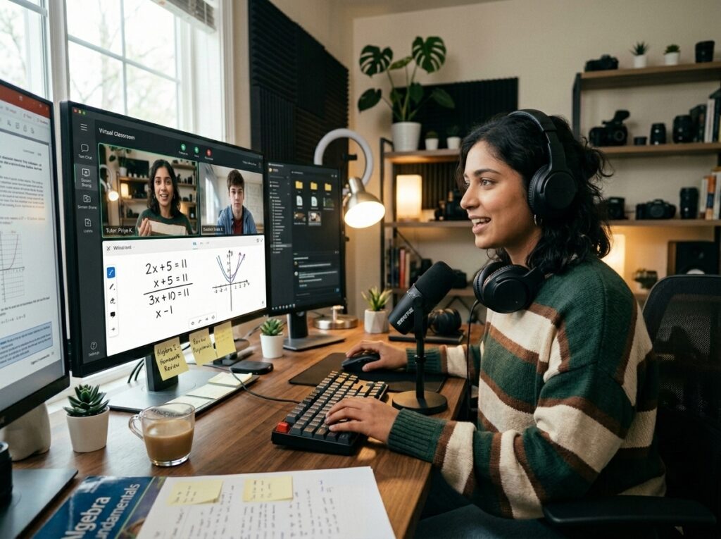 A creative video editor editing timeline tracks, audio, and visual effects on a dual-monitor setup in a modern home studio.