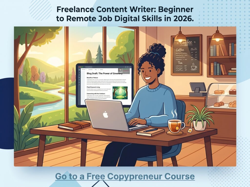 A professional content writer typing a blog draft on her laptop in a cozy cafe-themed home office.