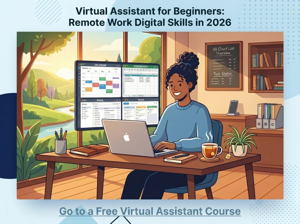 Illustration of a virtual assistant managing calendar, email, and task boards on her laptop from a comfortable home workspace.