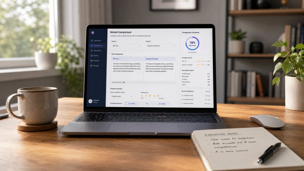 ai data annotation jobs for beginners — remote contractor evaluating AI chatbot responses on laptop