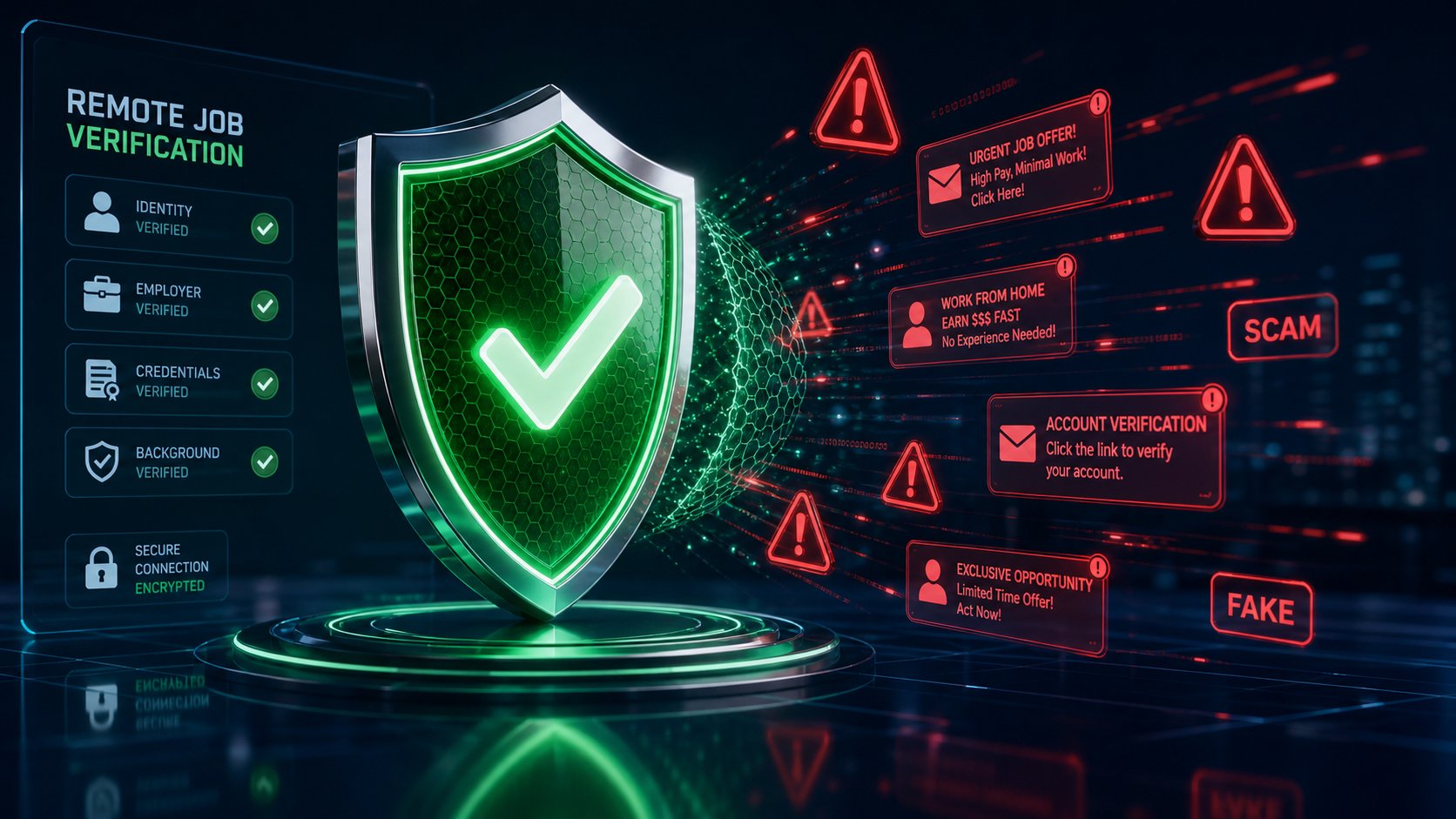 Conceptual cybersecurity graphic illustrating scam protection and verification shield for remote freelance workers