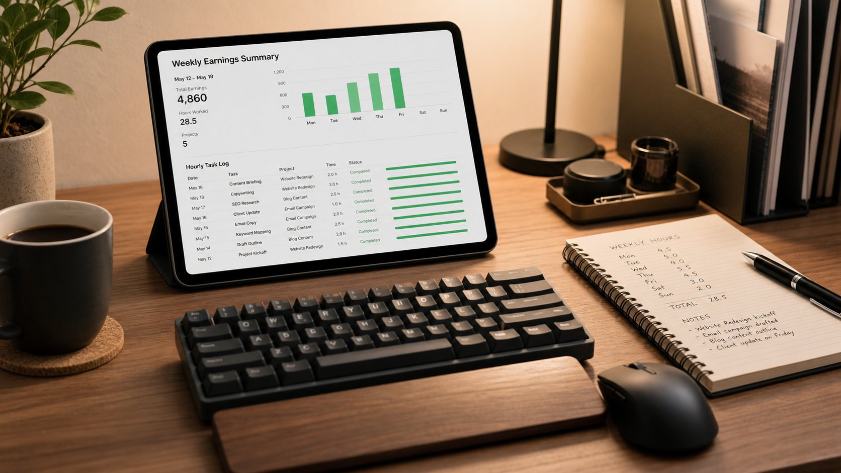 Digital tablet showing hourly task compensation log and realistic weekly earnings for remote data annotators