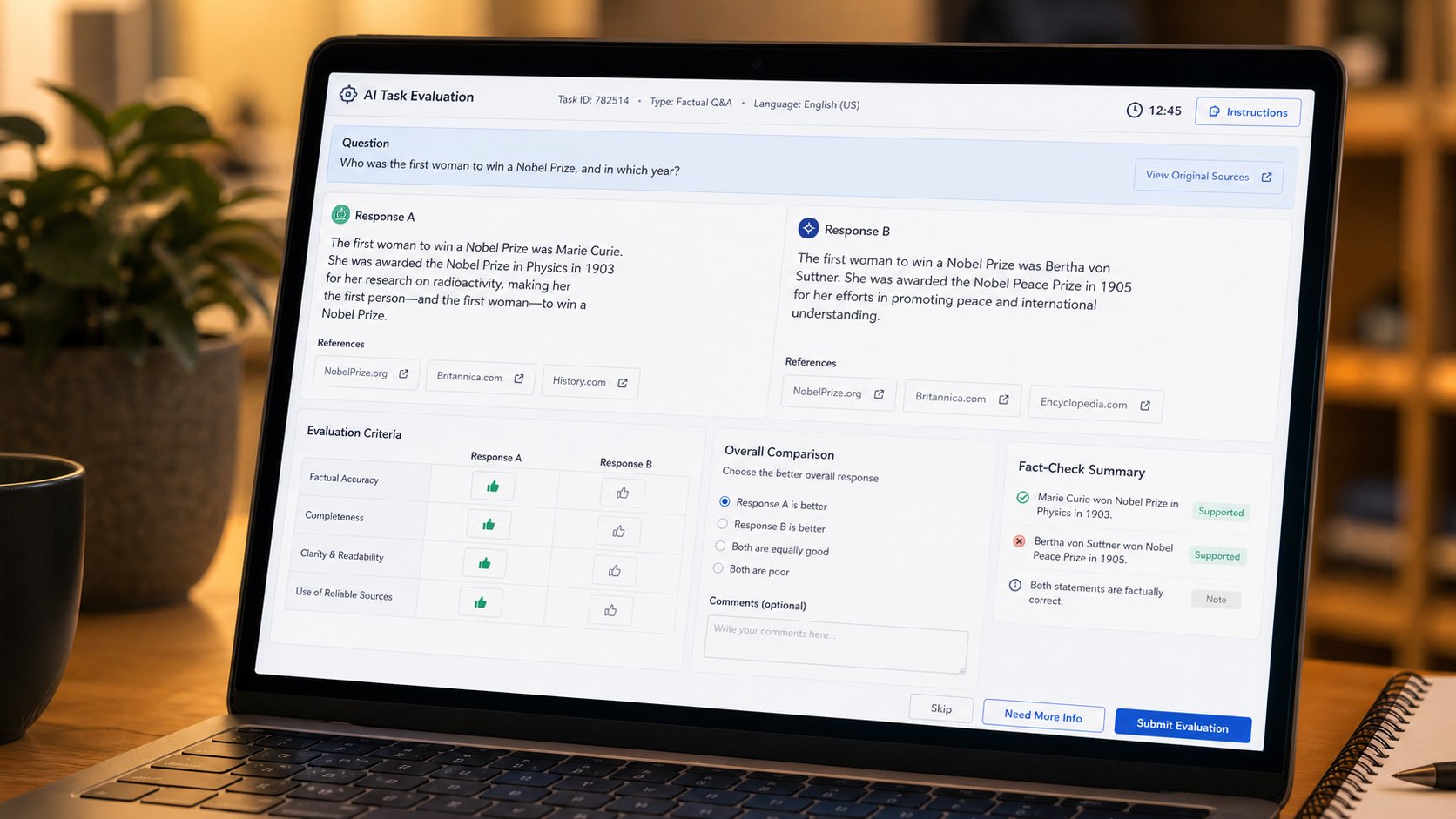 DataAnnotation.tech contractor workspace showing side-by-side chatbot response evaluation interface