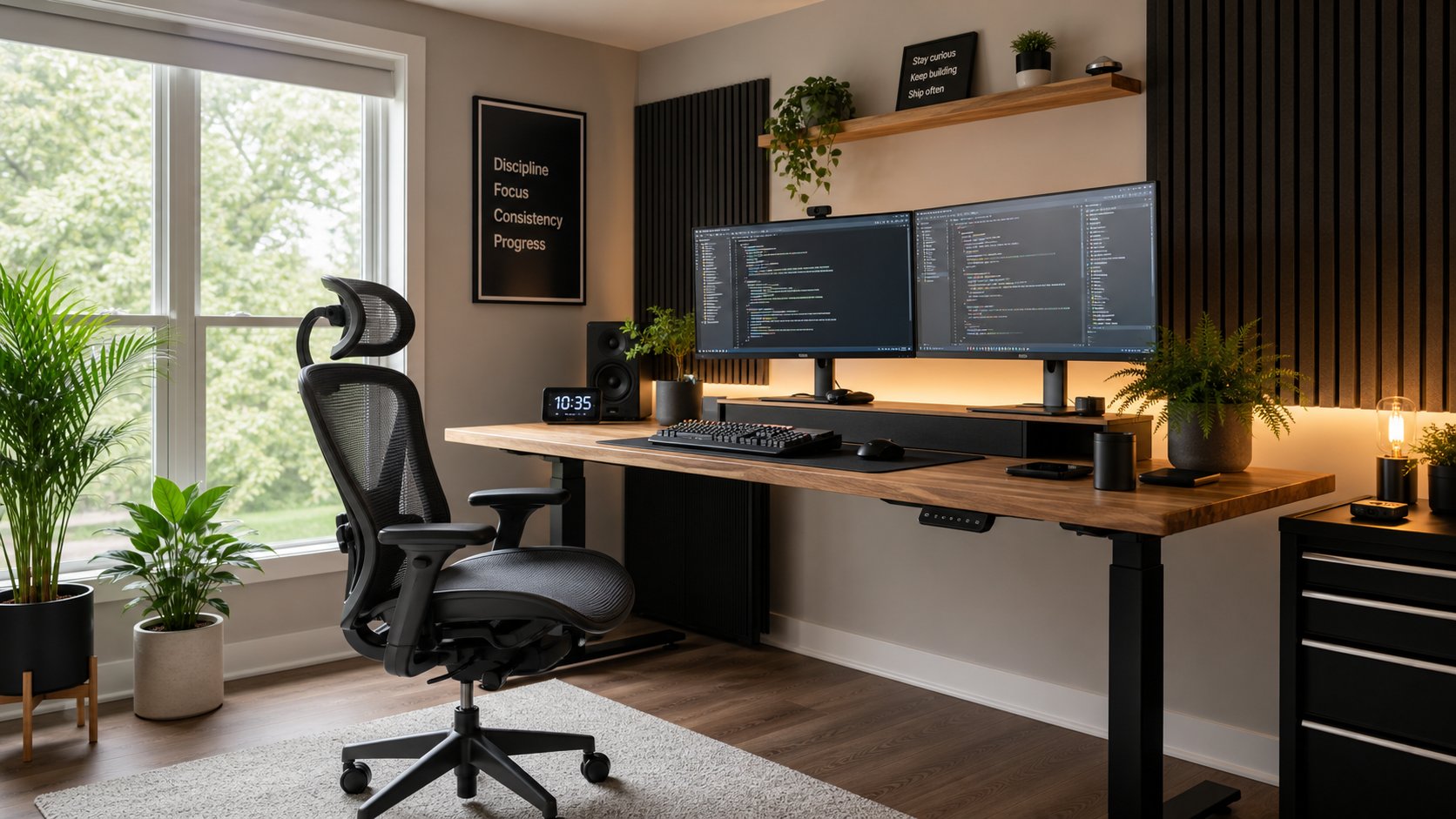 Ergonomic remote workstation setup for AI data annotator with dual monitors and mechanical keyboard